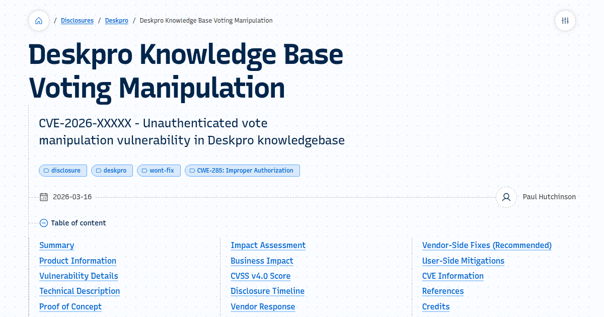 Deskpro Knowledge Base Voting Manipulation